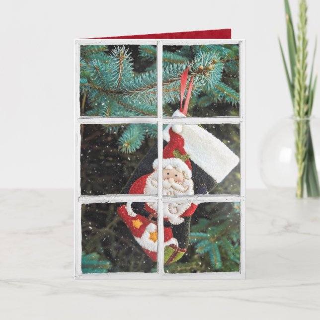 Cartão De Festividades Papais noeis de Natal estocando em janela de neve (Frente)