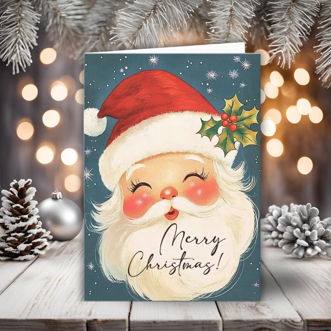 Cartão De Festividades Papais noeis de Natal Feliz Azul e Feliz Personali (Nostalgic Blue Merry Christmas Santa Personalized Holiday Card)