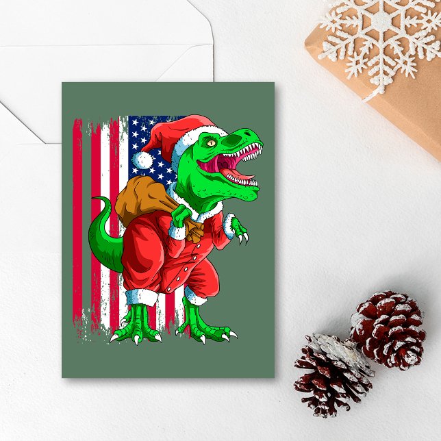 Cartão De Festividades Papais noeis de Natal Verdes Bons TRex Tyrannosaur (Criador carregado)