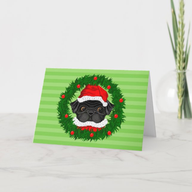 Cartão De Festividades Papais noeis de Pug Preto de Natal Bonito em Verde (Frente)