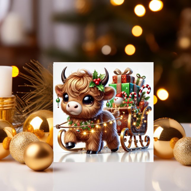 Cartão De Festividades Papais noeis De Puxação De Vaca Em Highland Sleigh (Criador carregado)