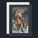 Cartão De Festividades Papais noeis de safra em neve com crianças e guard<br><div class="desc">Linda e colorida cena de natais vintages restaurados com Papais noeis de pata vermelha andando na neve à noite com seu cheio de presentes e segurando um guarda-chuva enquanto duas crianças puxam suas túnica. Um fundo azul da meia-noite com bordas ocas decorativas e realces dourados. A cor de fundo pode...</div>