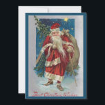 Cartão De Festividades Papais noeis de vindima com o Céu de inverno<br><div class="desc">Nostálgico restaurou a ilustração de Natal da época vitoriana com o carregando de Papai Noel, de cama vermelha, um saco de presentes e árvores na neve com um céu azul escuro de inverno e uma estrela de ouro brilhante solteiro. A cor da borda é editável. "Melhores Desejos de Natal" em...</div>
