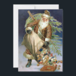 Cartão De Festividades Papais noeis de vindima com pano de presença<br><div class="desc">Papais noeis do velho mundo de gemido a derramar brinquedos de um saco grande com uma árvore de Natal amarrada às suas costas.</div>