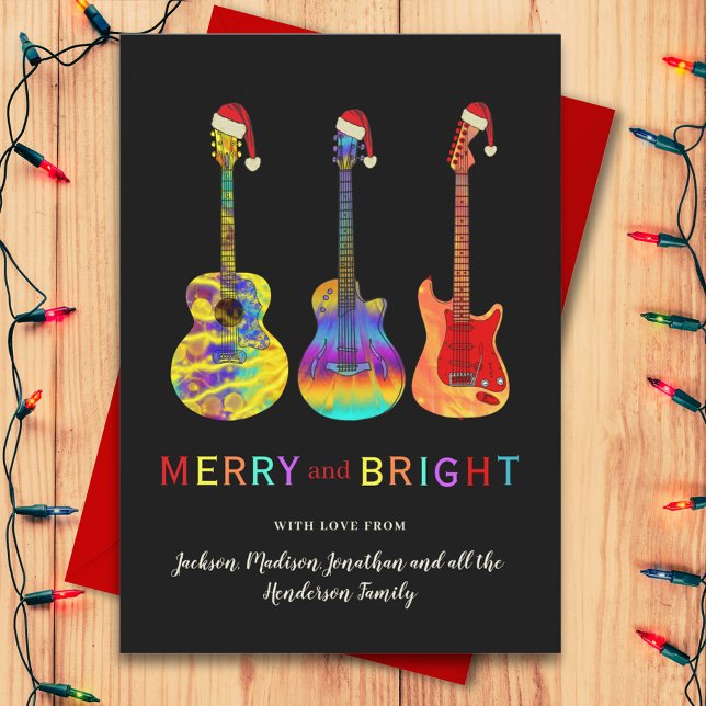 Cartão De Festividades Papais noeis de violão engraçadas Feliz e Natal br (Rock and roll Christmas guitars wearing Santa hats merry and bright budget holiday greetings card)