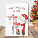 Cartão De Festividades Papais noeis e Crianças Personalizadas de Reindeer<br><div class="desc">Cartão de Natal personalizado com o nome do seu filho e a sua própria mensagem personalizada. O design de aquarela bonitinho apresenta papais noeis e seus ajudantes - uma rena e um pássaro de Natal cardeal.</div>