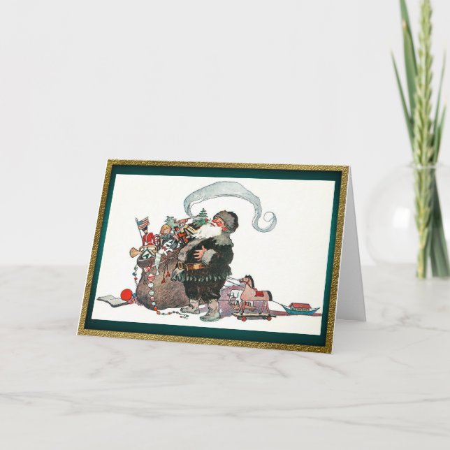 Cartão De Festividades Papais noeis e HIs Bag of Toys Holiday Card (Frente)