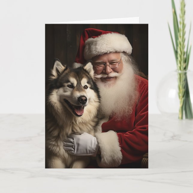 Cartão De Festividades Papais noeis e Malamute (Frente)