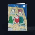 Cartão De Festividades Papais noeis e menorah<br><div class="desc">Papais noeis entregam presentes na cidade,  repelindo o lado de construir sobre um inquilino judeu com menorah na janela.</div>