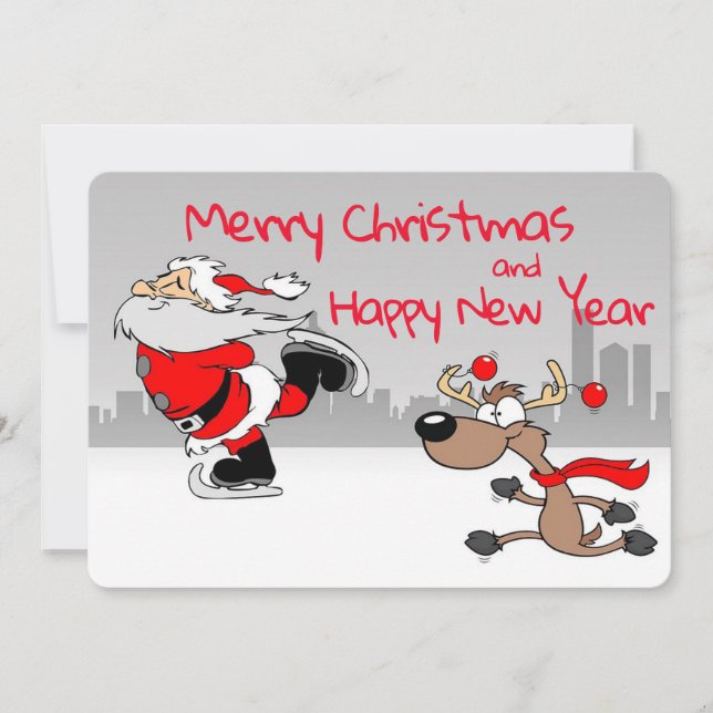 Cartão De Festividades Papais noeis e Reindeer Ice Skating (Frente)