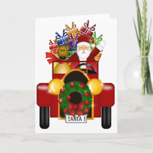 Cartão De Festividades Papais noeis e renas no carro antigo vermelho com