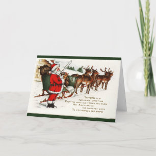 Cartão De Festividades Papais noeis e Sleigh com placa de saudação de Rei