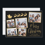 Cartão De Festividades Papais noeis Elegante de Colagem de Fotos Esleigh<br><div class="desc">Cartão de férias elegante preto e dourado com 5 fotos de colagem de fotos espalhadas em quadros,  uma silhueta de renas voando Papais noeis de trenó,  "Feliz Natal" em um roteiro de na moda e seu nome em uma simples tipografia moderna.</div>