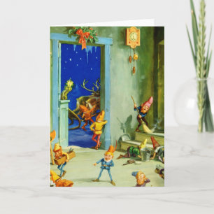 Cartão De Festividades Papais noeis Elves no seu Workshop sobre o Polo No