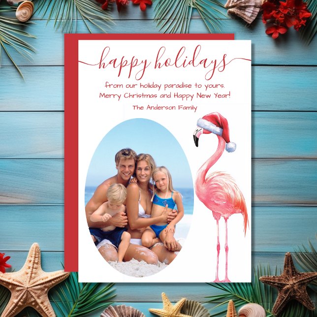 Cartão De Festividades Papais noeis Flamingo PHOTO Tropical Beach Christm (Santa Flamingo PHOTO Tropical Beach Christmas Holiday Card)