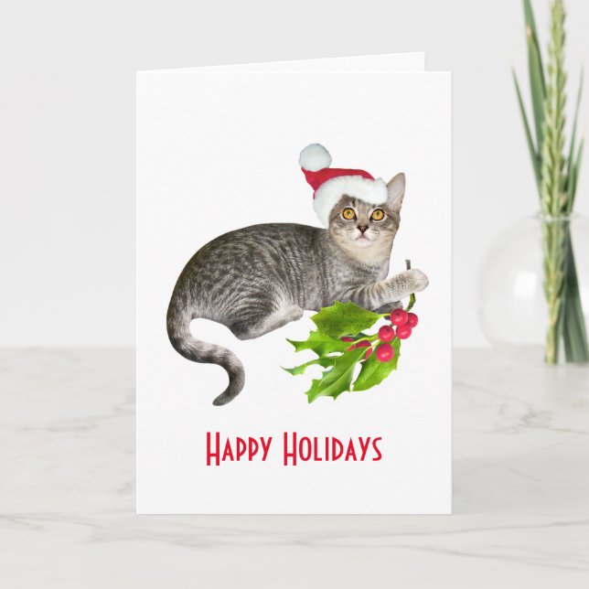 Cartão De Festividades Papais noeis Gato com Holly Holiday Card (Frente)