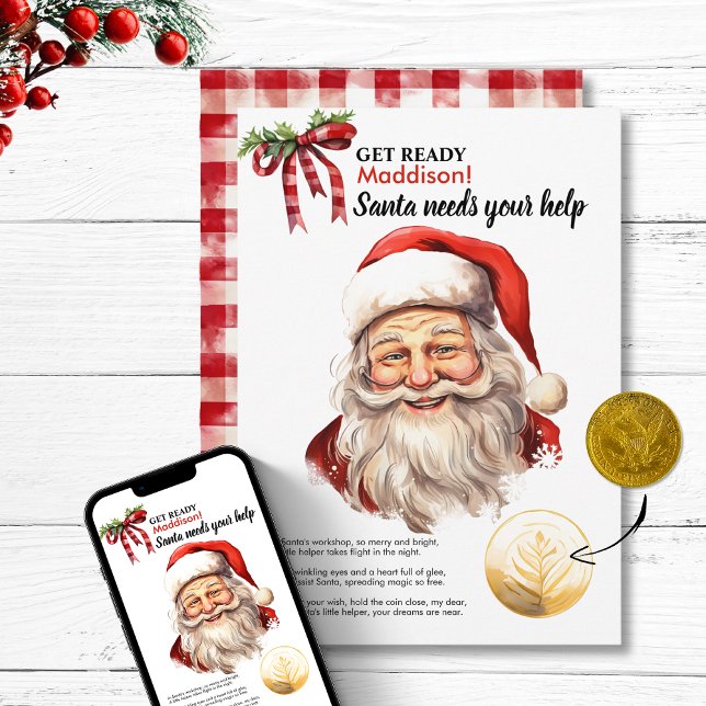 Cartão De Festividades Papais noeis Personalizados Precisam De Sua Ajuda, (Personalized Santa Needs Your Help Red Magic Wish  Holiday Card Christmas magic gingham vintage gift)