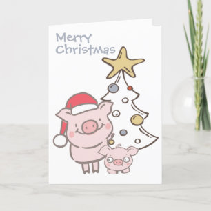 Cartão De Festividades Papais noeis Piggy e Baby Pig Árvore de Natal