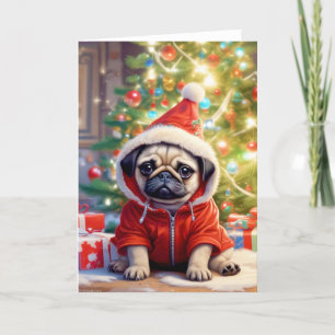 Cartão De Festividades Papais noeis Pug embaixo da árvore de Natal