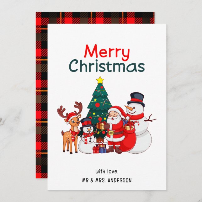 Cartão De Festividades Papais noeis Snowman Reindeer Feliz Natal Festivo (Frente/Verso)