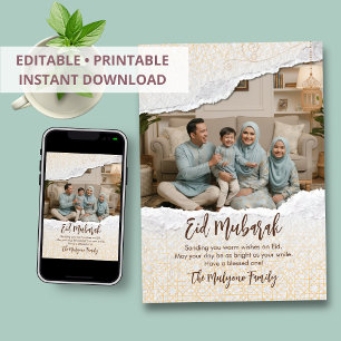 Cartão De Festividades Papel Rasgado Geométrico Islâmico & Foto Eid Mubar