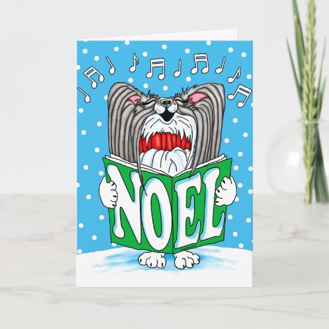 Cartão De Festividades Papillon Christmas Caroler BW (Frente)