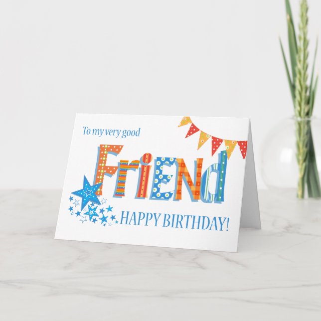 Cartão De Festividades Para o Amigo Birthday Bright Bunting e Stars Card (Frente)