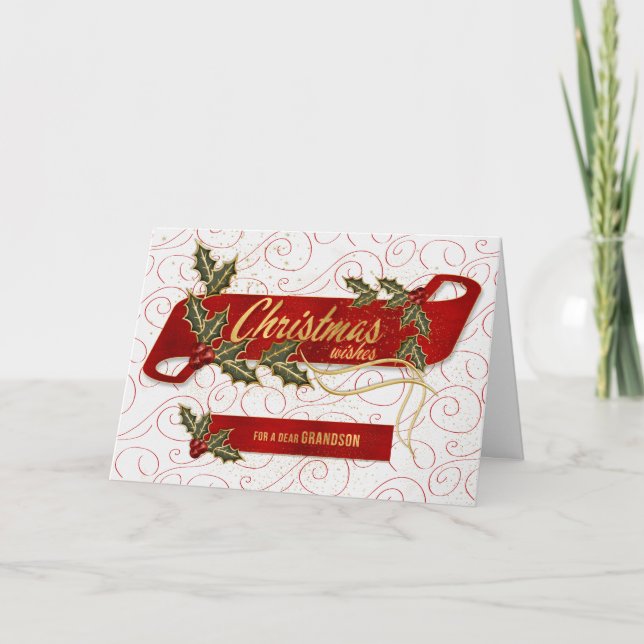 Cartão De Festividades para o neto Natal Deseja Holly Berries (Frente)