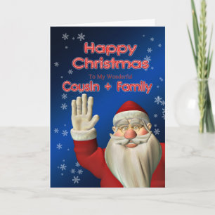 Cartão De Festividades Para Primo e família, um Papai noel acenando