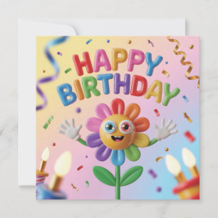 Cartão De Festividades Parabéns Saudação Feliz 3D Colorida com Flor