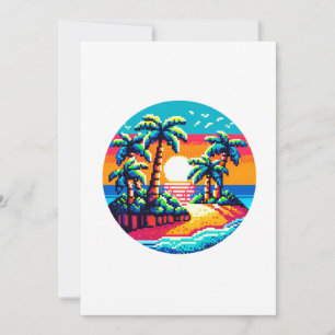 Cartão De Festividades Paraíso Tropical Sunset Beach Relaxando Pixel Art