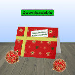 Cartão De Festividades Parcela de natal vermelho da família do irmão<br><div class="desc">Cartões de natal pessoais para seu irmão e sua família. O cartão tem a aparência de uma parcela com um padrão colorido de flocos de neve estilizados em ouro e cores verdes sobre fundo vermelho. O pacote está amarrado com uma "fita" ouro e tem uma "etiqueta de presente" com a...</div>