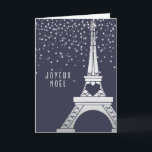 Cartão De Festividades Paris Christmas Eiffel Tower with Snow at Night<br><div class="desc">This lovely holiday card shows a silver image of the Eiffel Tower against a deep blue background,  with snow softly falling to create a magical,  romantic scene. The card says "Joyeux Noel",  or "merry Christmas" in French,  but you can easily change this using the template.</div>