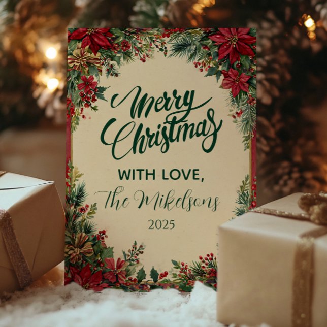 Cartão De Festividades Partido Rustic Red Poinsettia Feriado (Criador carregado)