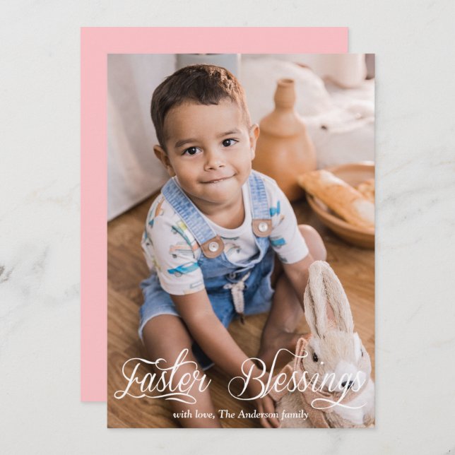 Cartão De Festividades Páscoa Abençoa A Família Bebê Foto Rosa (Frente/Verso)