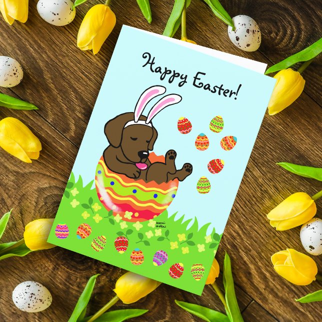 Cartão De Festividades Páscoa Chocolate de Ovo Labrador Puppy Cartoon (Easter Egg Chocolate Labrador Puppy card featuring cute Labrador Cartoon in the colorful Easter egg.)