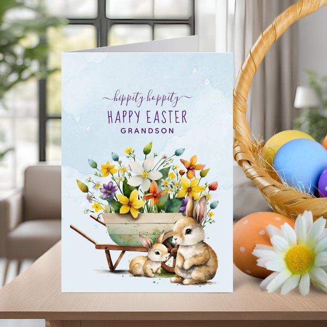 Cartão De Festividades Páscoa de neto de coelhos brancos personalizados (Personalized Cute Bunnies Grandson Easter Holiday Card)