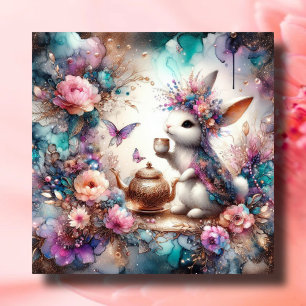 Cartão De Festividades Páscoa do Partido Bunny Tea Purple Teal Watercolor