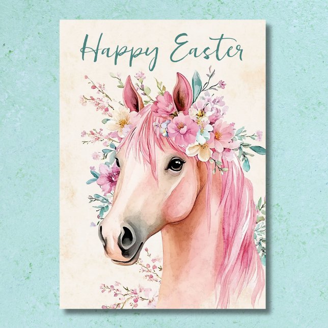 Cartão De Festividades Páscoa Floral Bonito de Cavalo Livre (Front - Free-Spirited Pretty Horse Floral Easter Holiday Card)