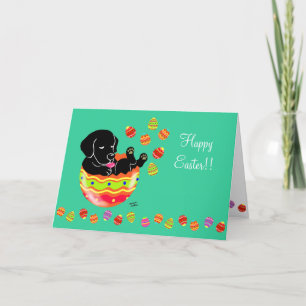 Cartão De Festividades Páscoa Negra Ovo Labrador Puppy Cartoon Verde