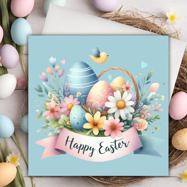 Cartão De Festividades Páscoa personalizada do cesto de Páscoa de Pastel  (Watercolor Pastel Easter Basket Custom Easter Holiday Card with customizable text.)