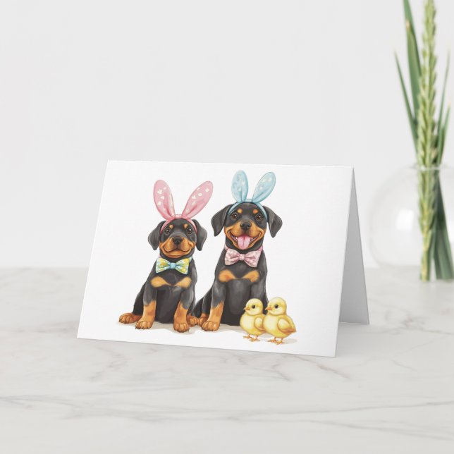 Cartão De Festividades Páscoa Rottweiler Cães Coelhinhos (Frente)