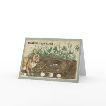 Páscoa Saudações coelho, ovos, ninho, grama, trevo