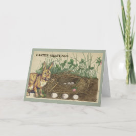 Cartão De Festividades Páscoa Saudações coelho, ovos, ninho, grama, trevo