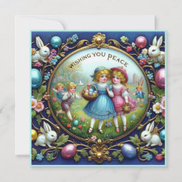 Cartão De Festividades Páscoa Vintage ~Desejando-lhe Paz ~ Crianças ~