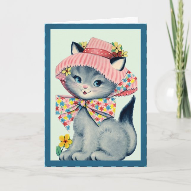 Cartão De Festividades Páscoa Vintage Gatinho de tampa (Frente)