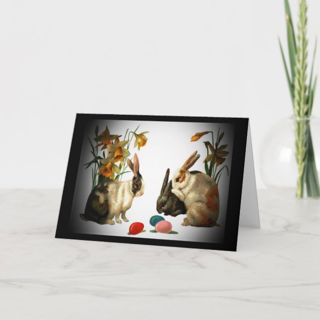 Cartão De Festividades Páscoas de coelhos de colheita olhando ovos de doc (Frente)