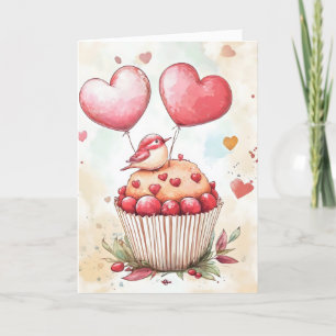 Cartão De Festividades Pássaro Bonito nos Balões do Coração do Cupcake
