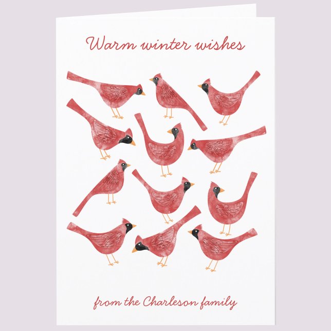Cartão De Festividades Pássaro Cardinal Festivo Aquarela Personalizada (Fun Cardinal bird red and white watercolor art personalized custom text holiday card)