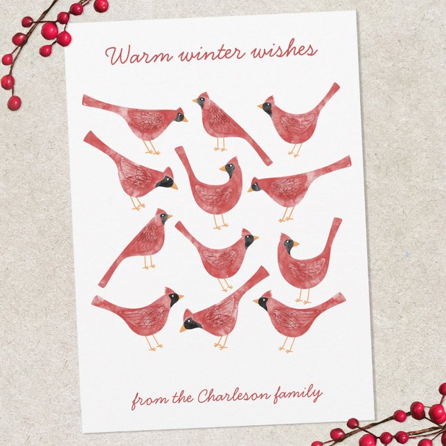 Cartão De Festividades Pássaro Cardinal Festivo Aquarela Personalizado (Fun red and white watercolor Cardinal bird personalized Christmas Holiday card)